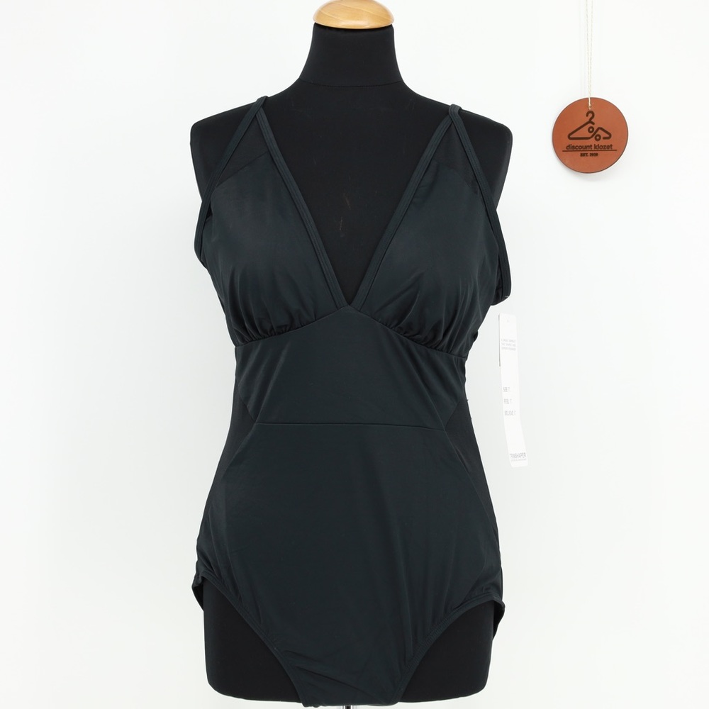 Trimshaper Black One‎ Piece Swimsuit Tummy Control Ruched Style Size 14 NWT
